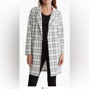 Melloday Black & White Plaid Open Front Long Notched Lapel Duster Cardigan